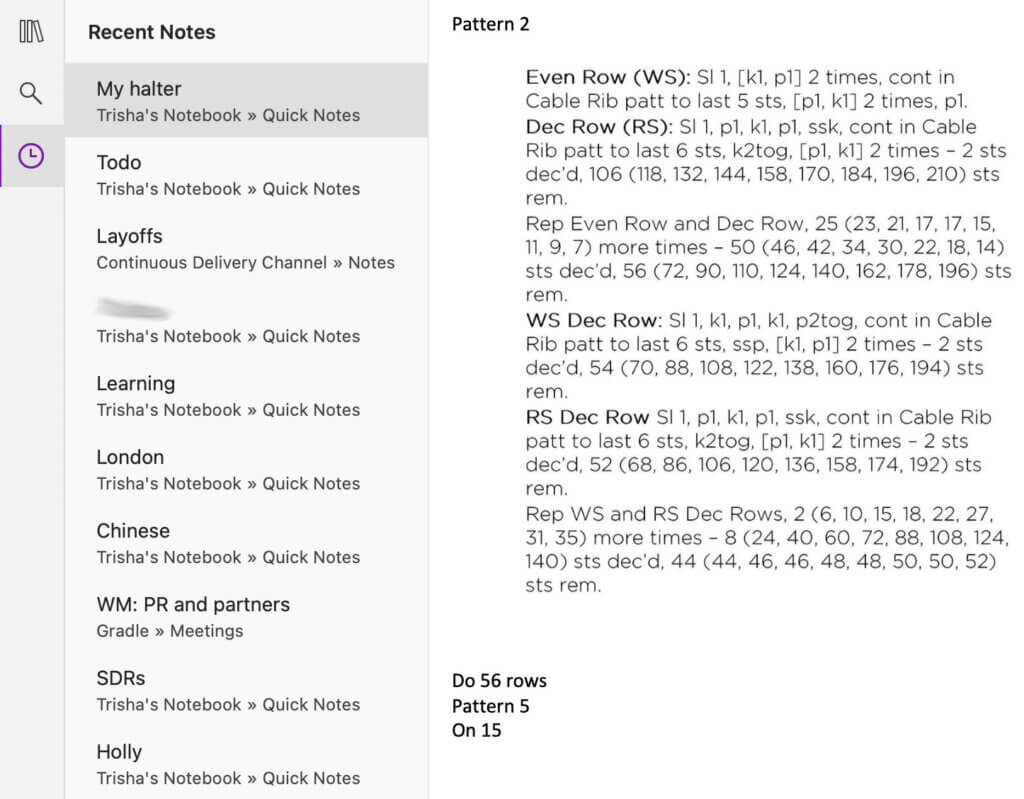 Screenshot of recent OneNote notes